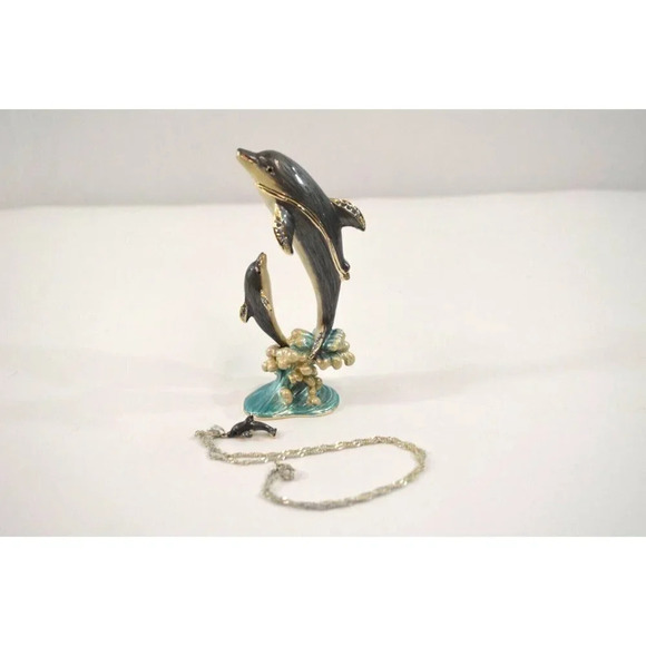 Ciel Collectibles Dolphin Trinket Box w/ Necklace Enamel Swarovski Crystals - Picture 1 of 9